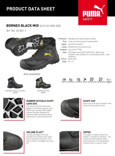 Puma Borneo Black Mid S3 CI HI HRO SR munkavédelmi bakancs