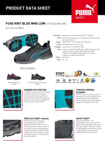 Puma Fuse Knit Blue Wns Low S1P ESD HRO SRC női munkavédelmi cipő