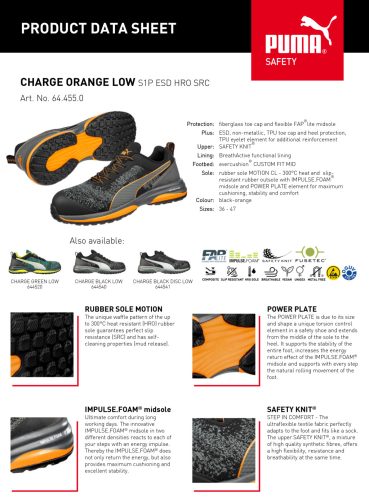 Puma Charge Orange Low S1P ESD HRO SRC munkavédelmi cipő