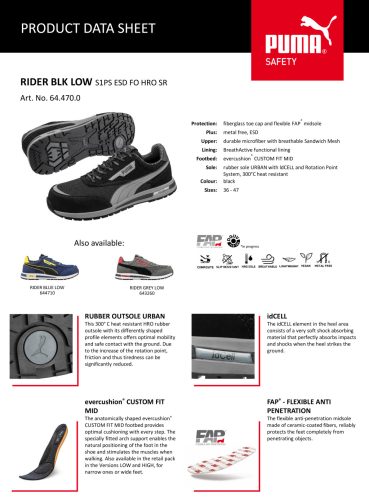 Puma Rider BLK Low S1PS ESD FO HRO SR munkavédelmi cipő